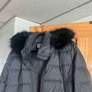 Lands' End Charcoal Quilted Jacket with detachable black fur framed hood!